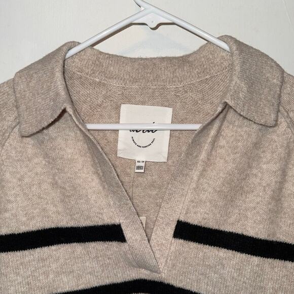 New Aerie Striped Collar V-Neck Oversized Pullover Sweater Tan size XS - Picture 3 of 6
